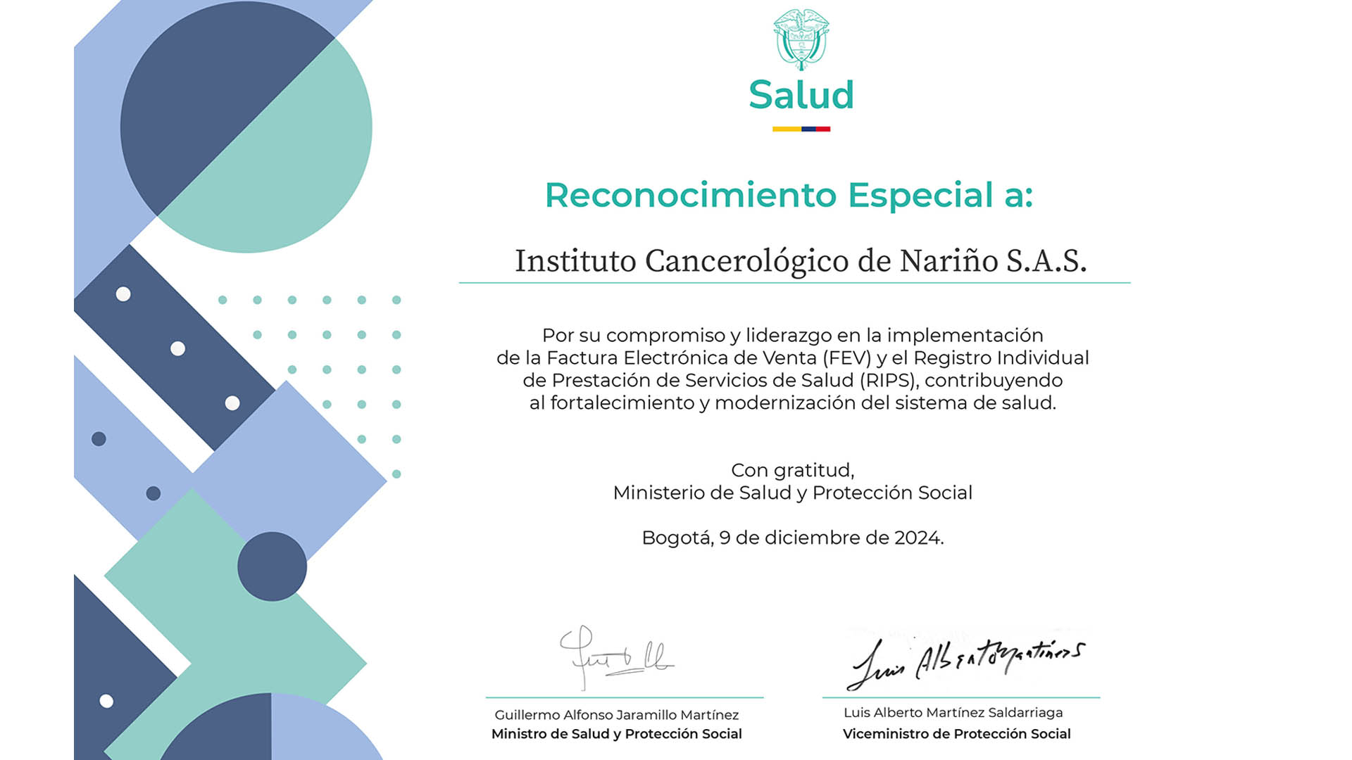 Reconocimiento al Instituto Cancerológico de Nariño por su Liderazgo en la Implementación de Herramientas para la Modernización del Sistema de Salud